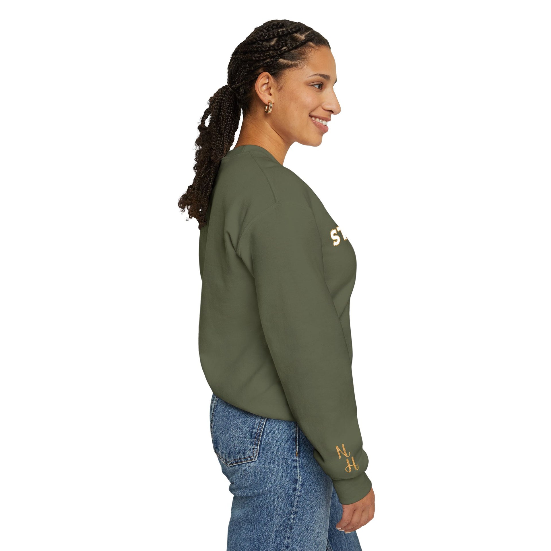 Woman wearing military green Embroidered Stay True Sweatshirt side view