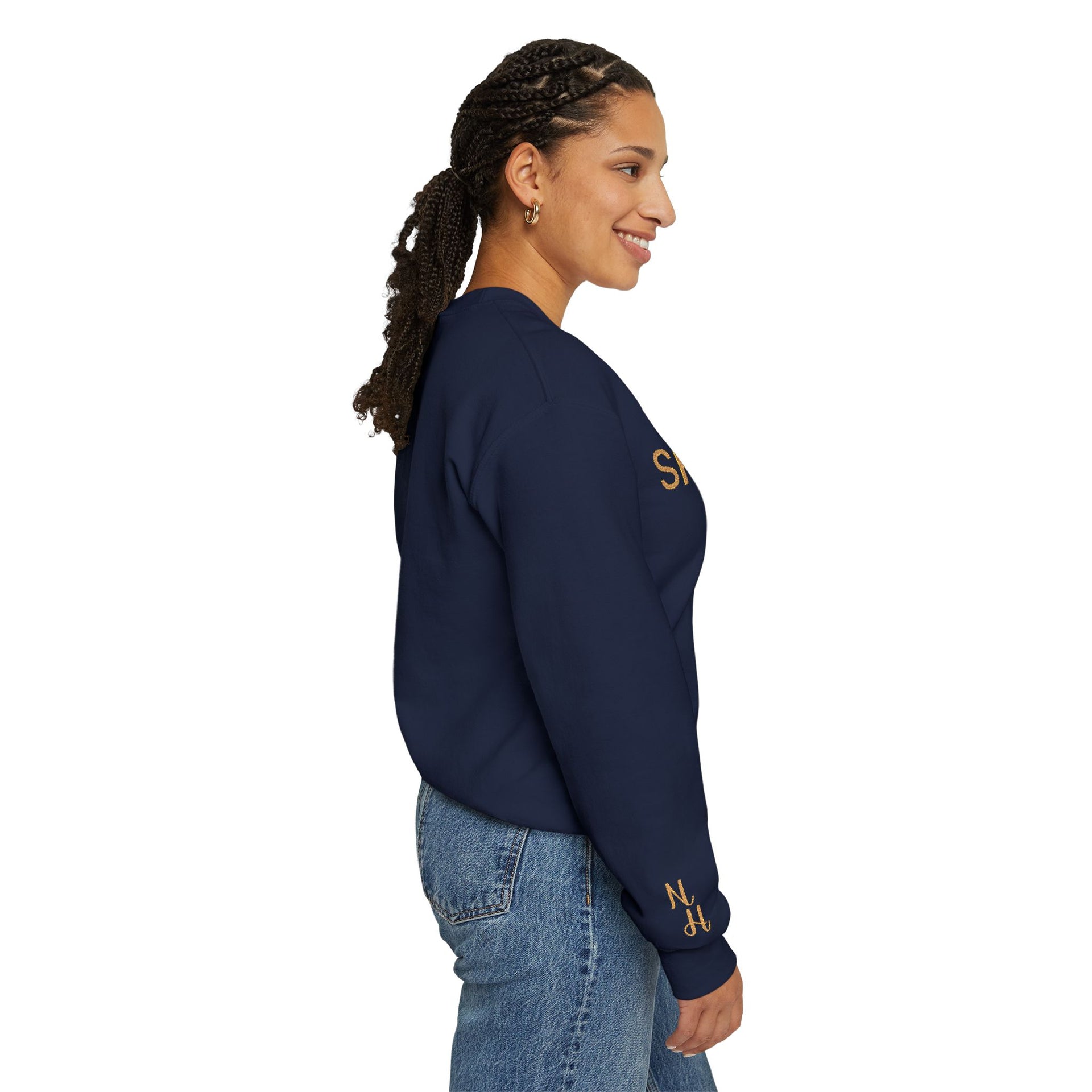 Side view of woman wearing navy Embroidered Shine On Sweatshirt