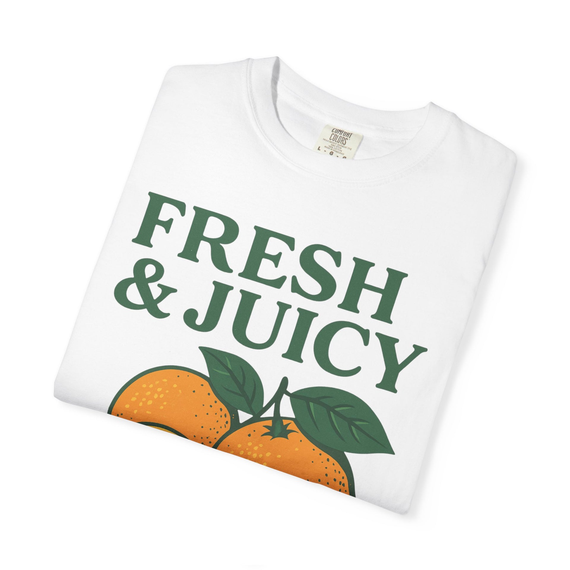 White T-shirt flat lay with Fresh and Juicy Oranges T Shirt design, minimal fruit graphic