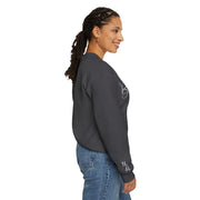 Woman side profile modeling gray Embroidered Kindness Sweatshirt
