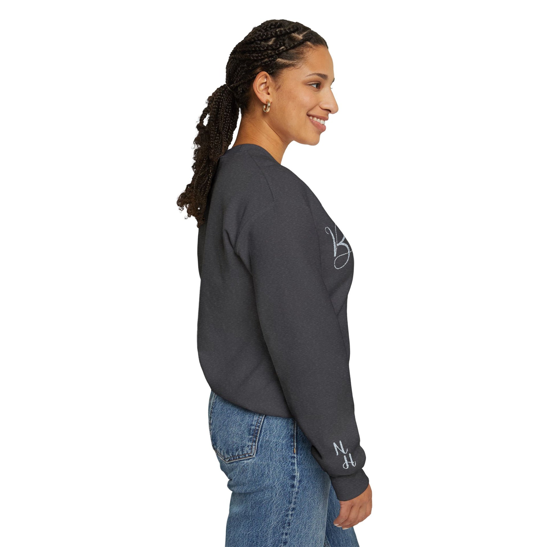 Woman side profile modeling gray Embroidered Kindness Sweatshirt