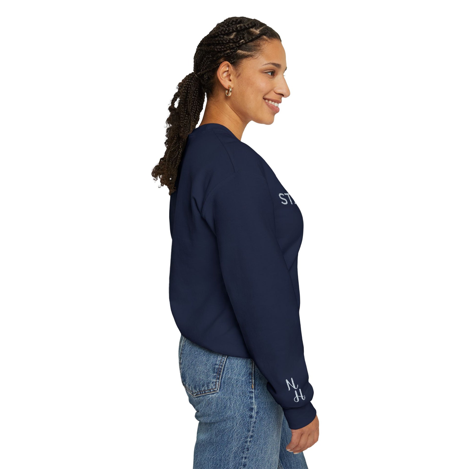 Side profile of woman wearing navy Embroidered Humble Sweatshirt