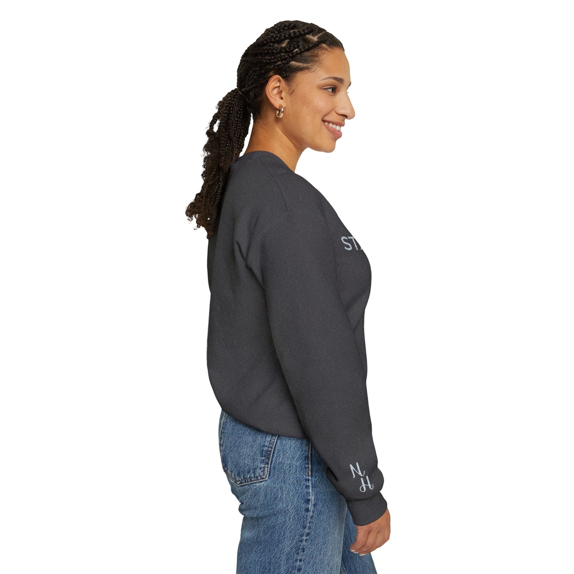 Side view of woman in dark gray Embroidered Humble Sweatshirt