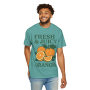 Fresh and Juicy Oranges T Shirt in mint green on male model – retro summer tee