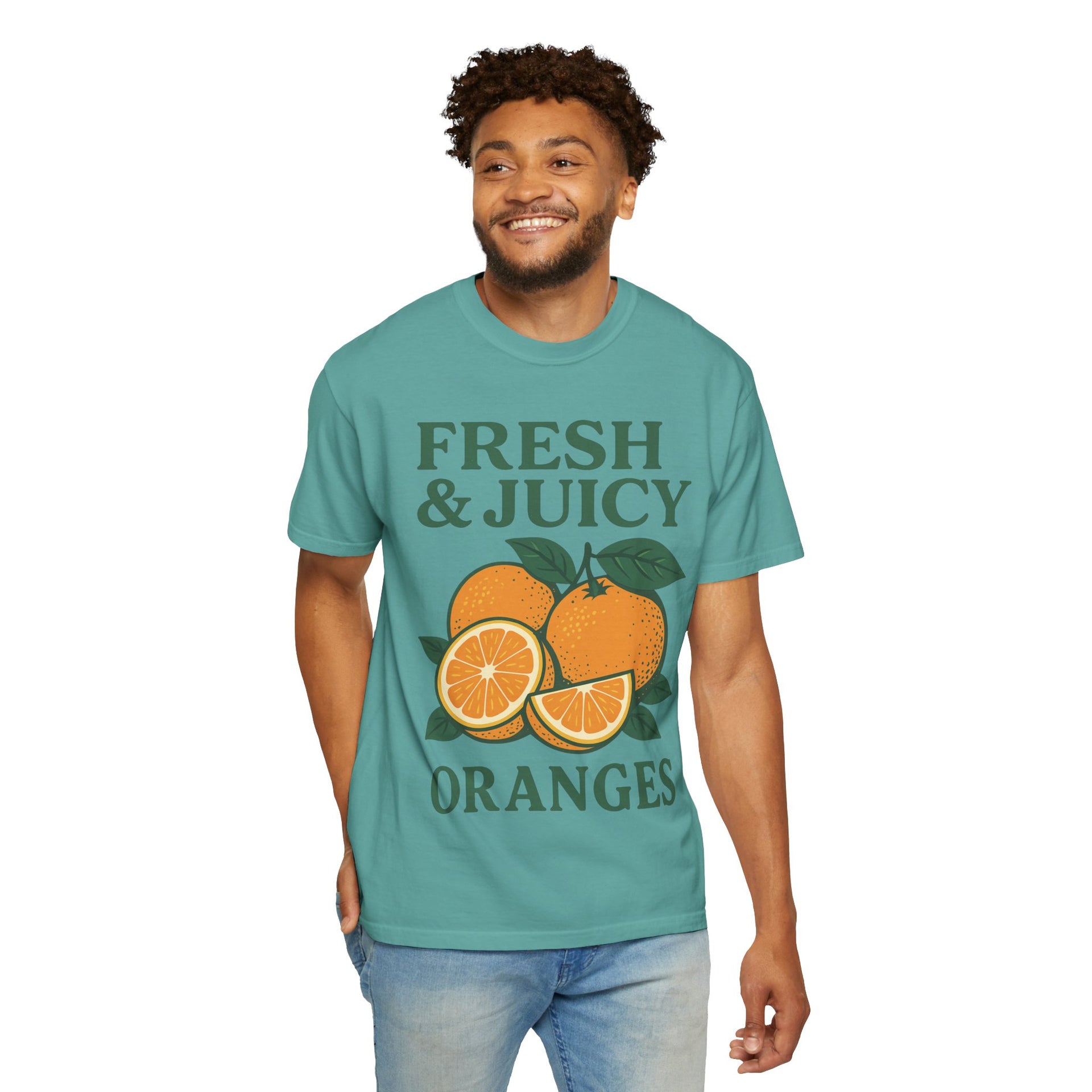 Fresh and Juicy Oranges T Shirt in mint green on male model – retro summer tee