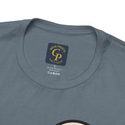 Mountain minimalist t-shirt in grey displayed flat with neck tag in focus