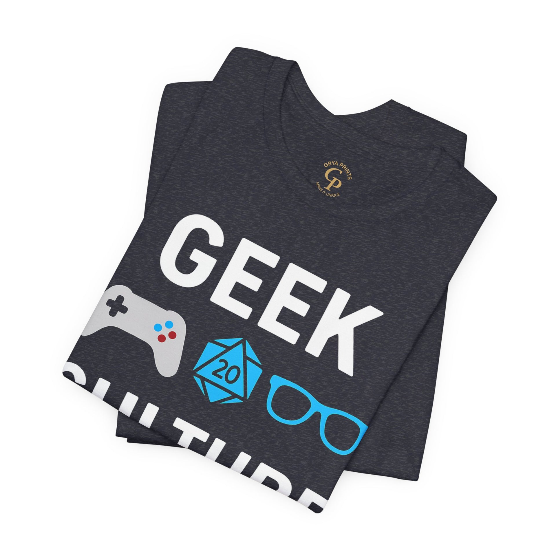 Folded heather navyGeek Culture T-Shirt text and gaming icons on a white background