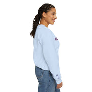Woman wearing light blue Embroidered Motivational Sweatshirt with side view