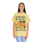 Woman wearing Fresh and Juicy Oranges T Shirt in yellow – vintage-inspired citrus shirt