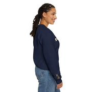 Woman wearing navy Embroidered Stay True Sweatshirt side view