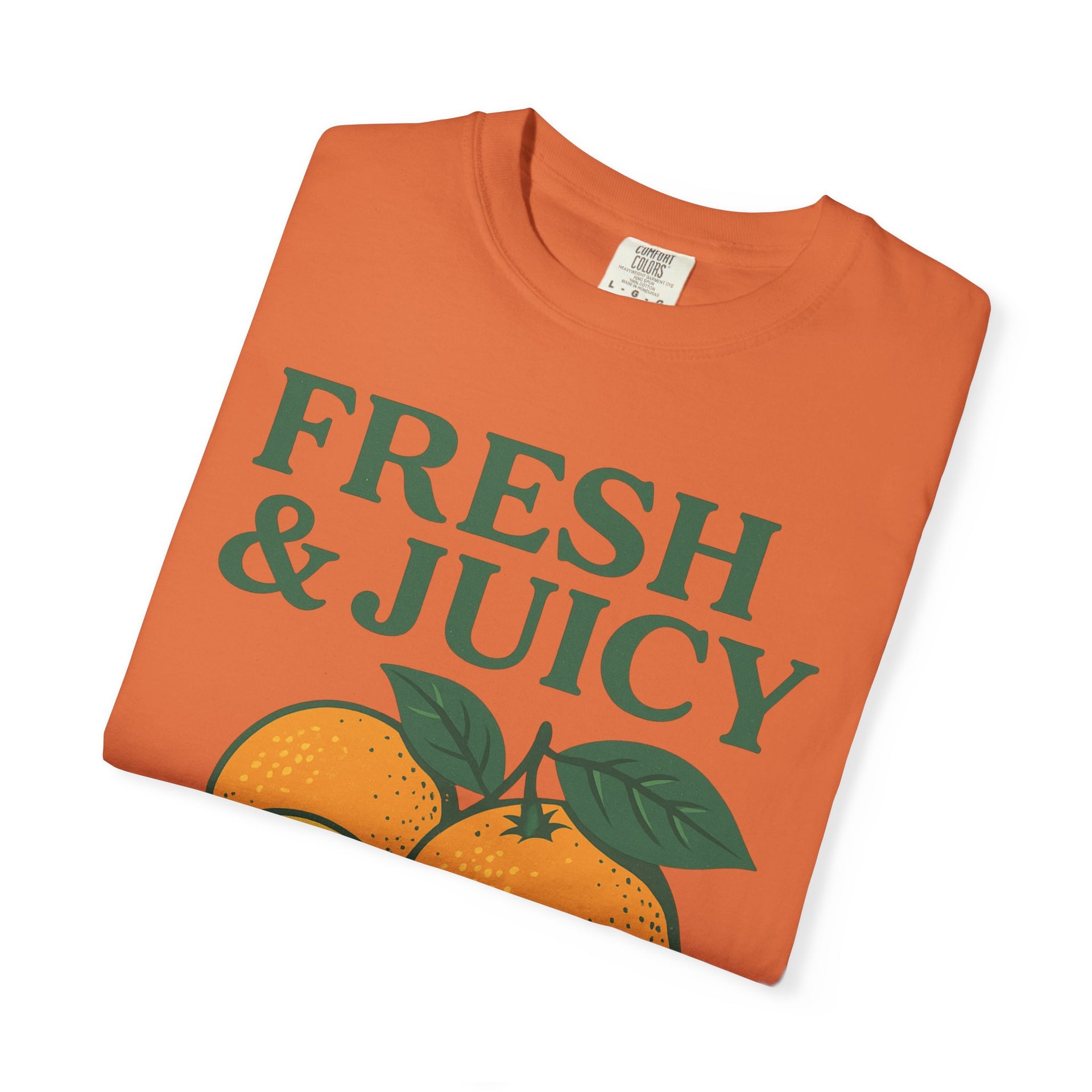 Orange Fresh and Juicy Oranges T Shirt flat lay with bold fruit graphic print