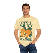 Man wearing Fresh and Juicy Oranges T Shirt in yellow – fun retro fruit tee