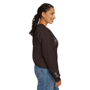 Side profile of woman wearing brown Embroidered Kindness Sweatshirt