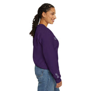 Woman side view Embroidered Humble Sweatshirtt in purple