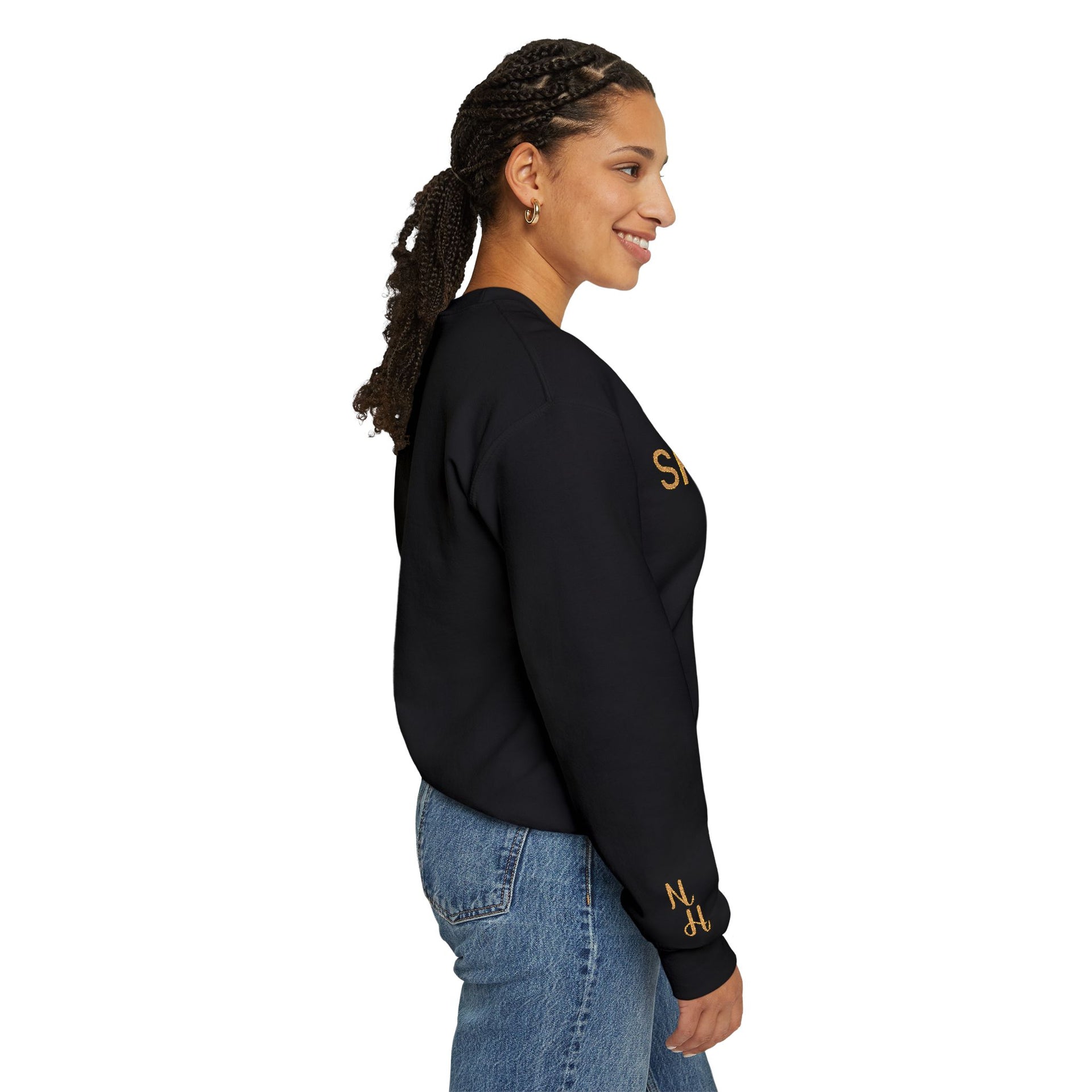 Side view of woman wearing black Embroidered Shine On Sweatshirt