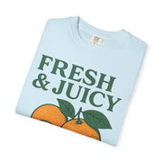 Sky blue Fresh and Juicy Oranges T Shirt displayed flat with vintage citrus theme