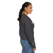 Woman side view wearing Embroidered Stay True Sweatshirt in dark heather gray.