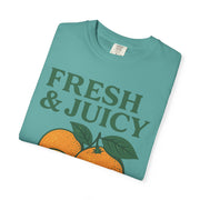 Teal Fresh and Juicy Oranges T Shirt flat lay showing minimal fruit artwork