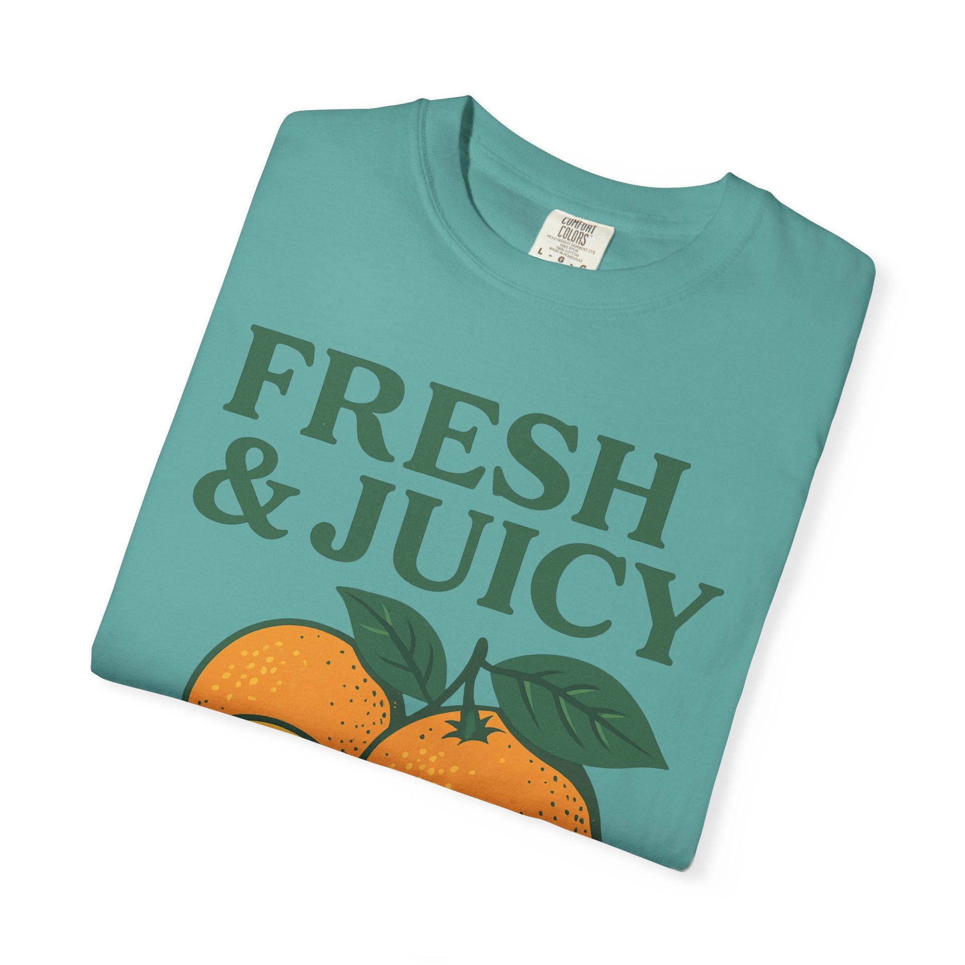 Teal Fresh and Juicy Oranges T Shirt flat lay showing minimal fruit artwork