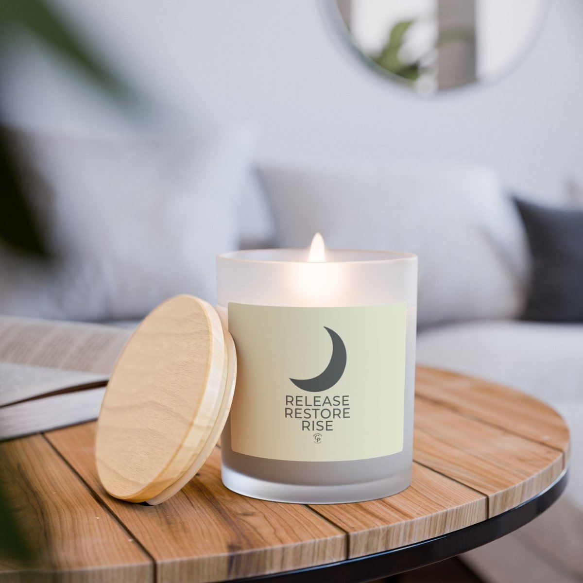 Frosted Glass Candle Let Go Heal Rise on wooden table with lid